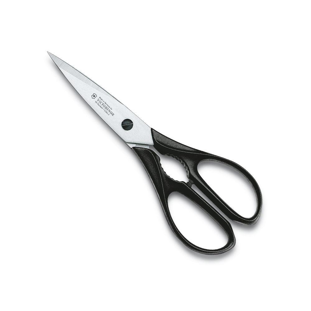 Kitchen shears, Victorinox Multipurpose Black Kitchen Shears - Stainless, with silver steel blades, black handles and a serrated grip notch.