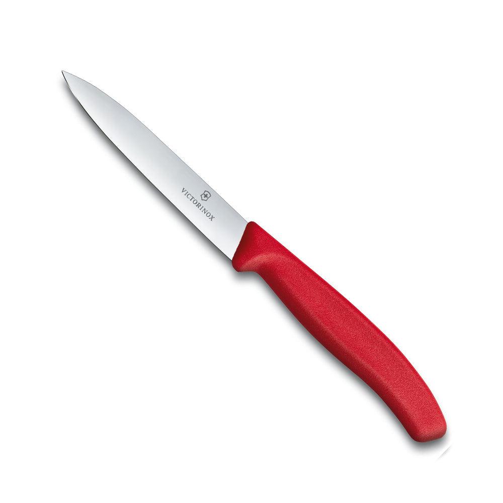 Victorinox Paring Knife - Straight Edge, 10cm with a polished stainless steel blade, pointed tip and red ergonomic handle