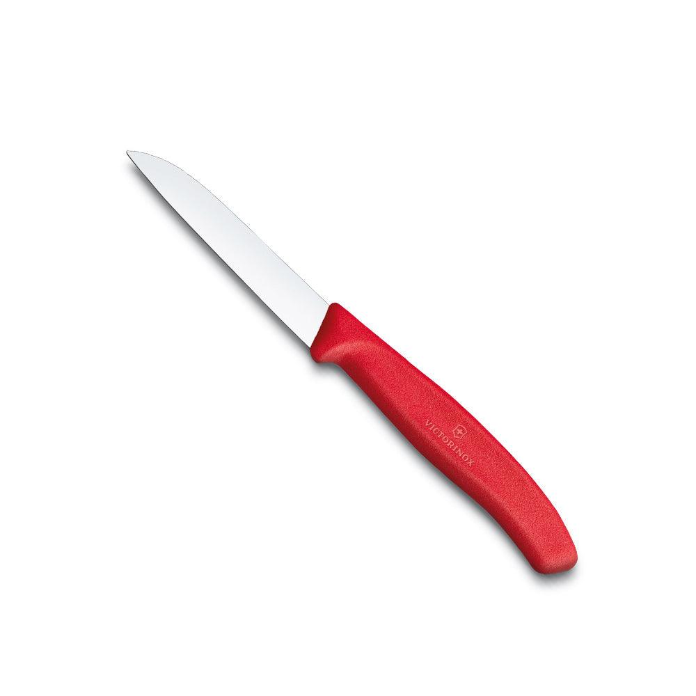 Victorinox Paring Knife - Straight Edge, 8cm with a slim silver blade and bright red ergonomic handle