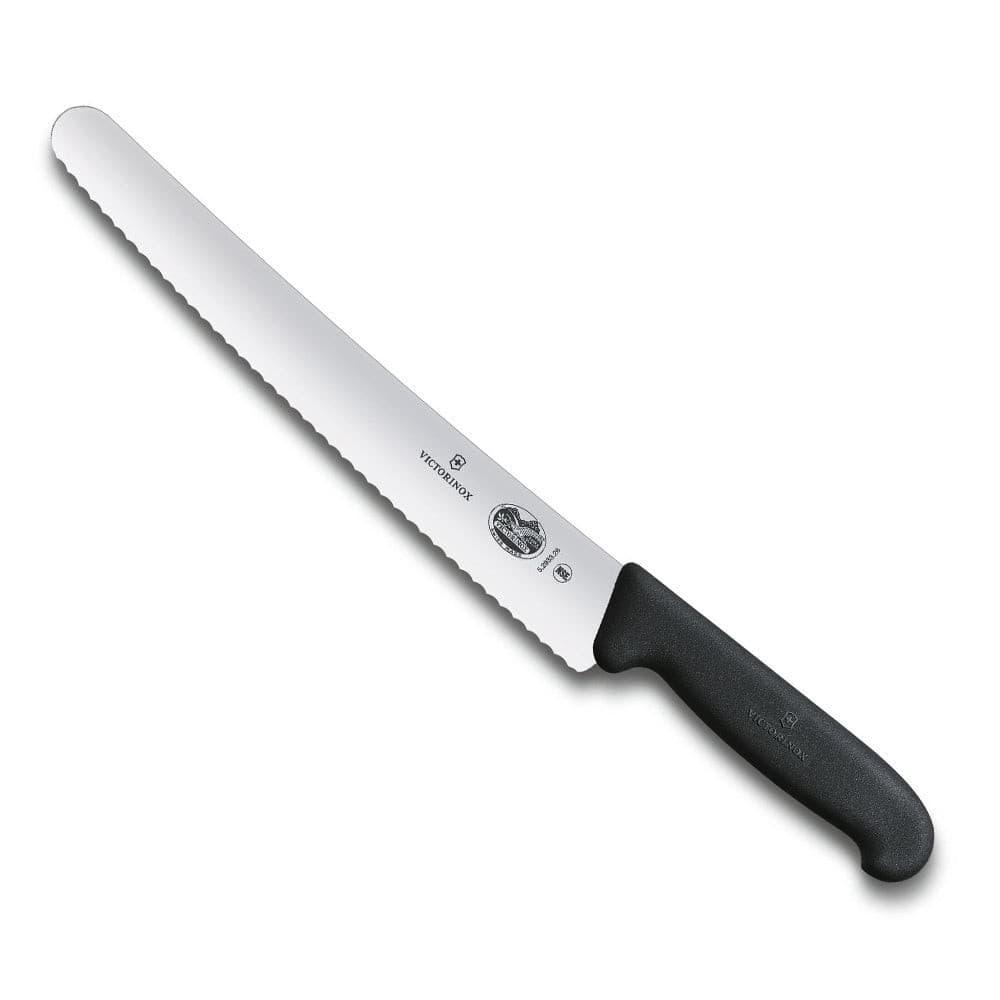 Victorinox Pastry Knife with a long stainless steel wavy-edge blade and ergonomic black handle.