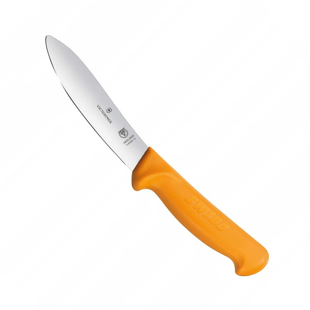 Victorinox Skinning Knife 13cm Yellow Handle - Swibo with a curved silver steel blade and ergonomic orange non-slip handle.