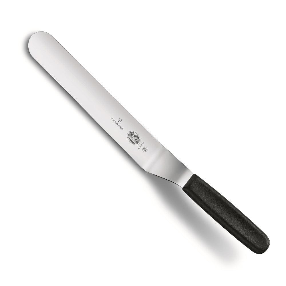 Victorinox Spatula - 20cm Spread Length, with a long, flexible stainless steel blade and black textured handle.