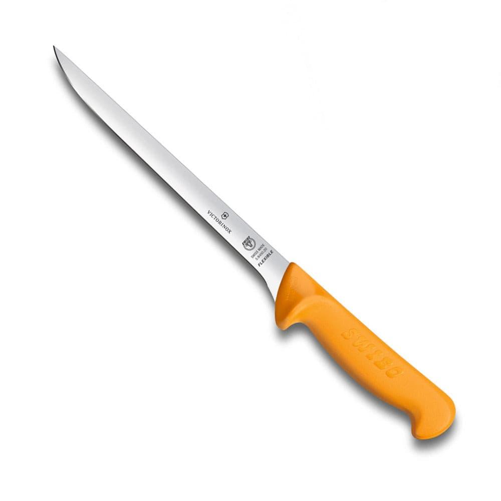 Victorinox - Swibo Narrow Filleting Knife - 20cm with a slim, curved stainless steel blade and bright orange ergonomic handle.