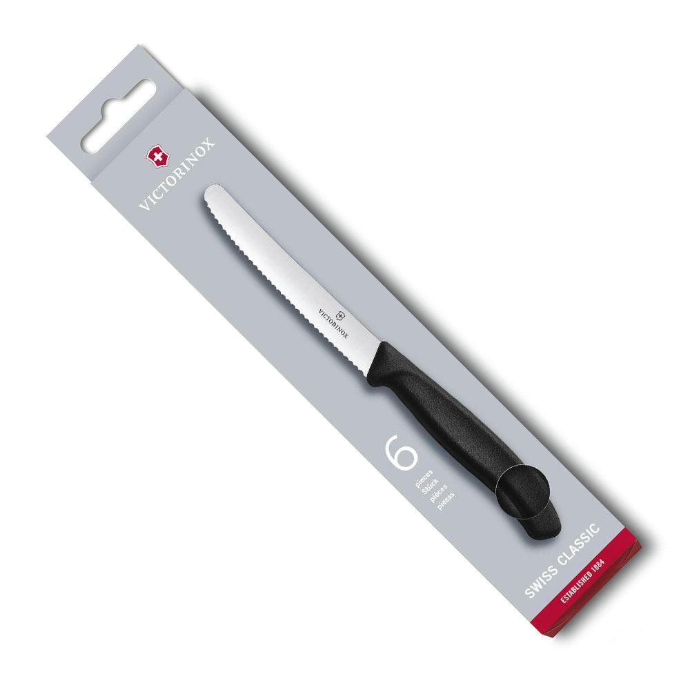 Victorinox Swiss Classic Table Knife Set - 11cm, 6 piece features a single silver serrated blade with a black ergonomic handle on retail packaging.