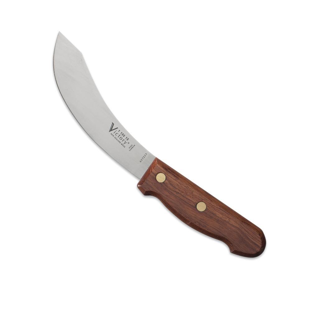 Victory 15cm Skinning Knife - Wooden Handle with a curved silver high-carbon steel blade and reddish-brown wood grip with brass rivets.
