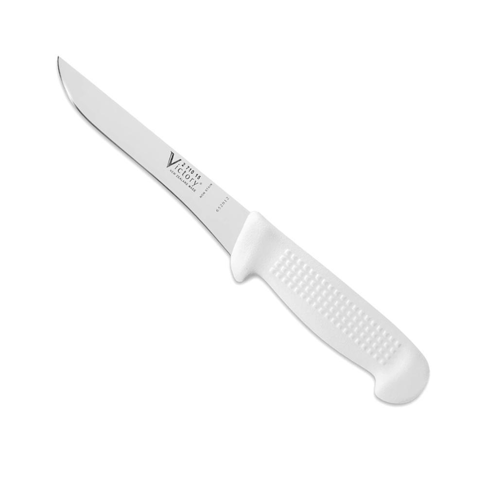 Victory 15cm Straight Boning Knife with a slim stainless steel blade and white textured handle with a curved guard.