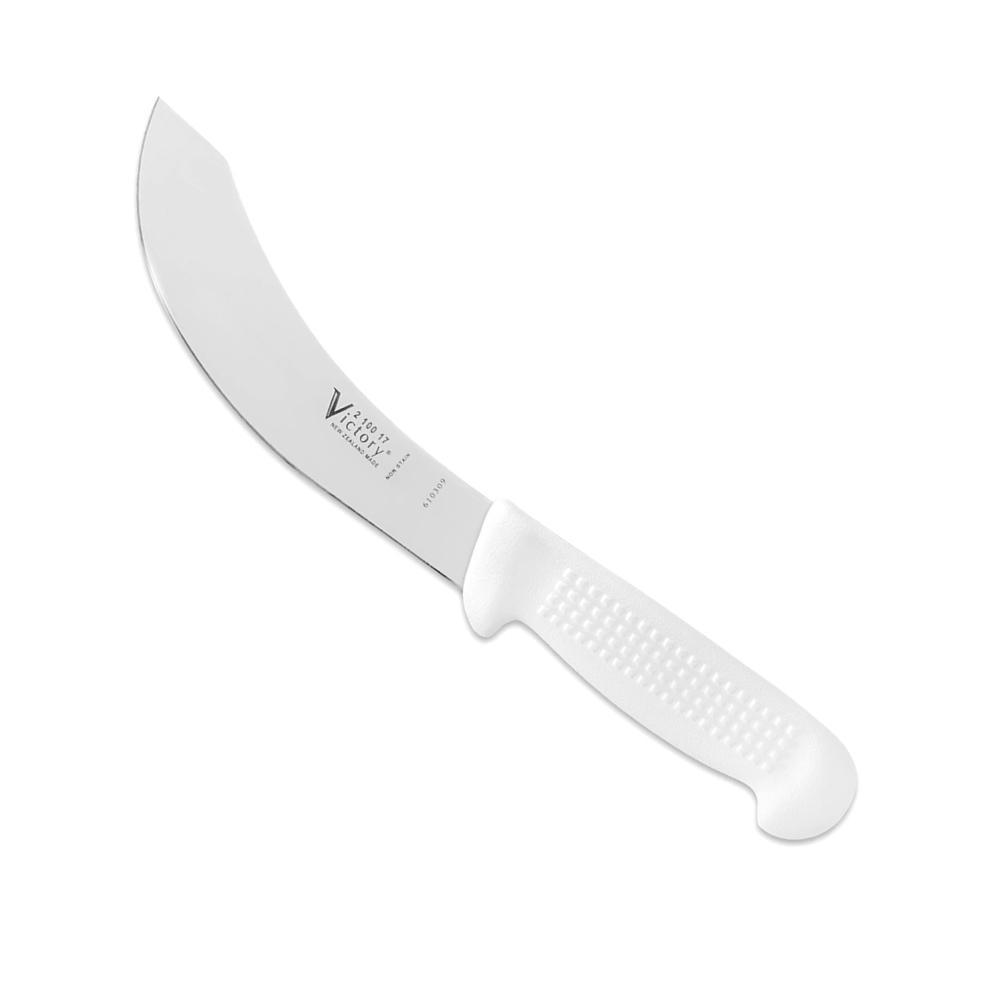Victory 17cm Skinning Knife with a curved stainless steel blade and white textured plastic handle for a secure grip.
