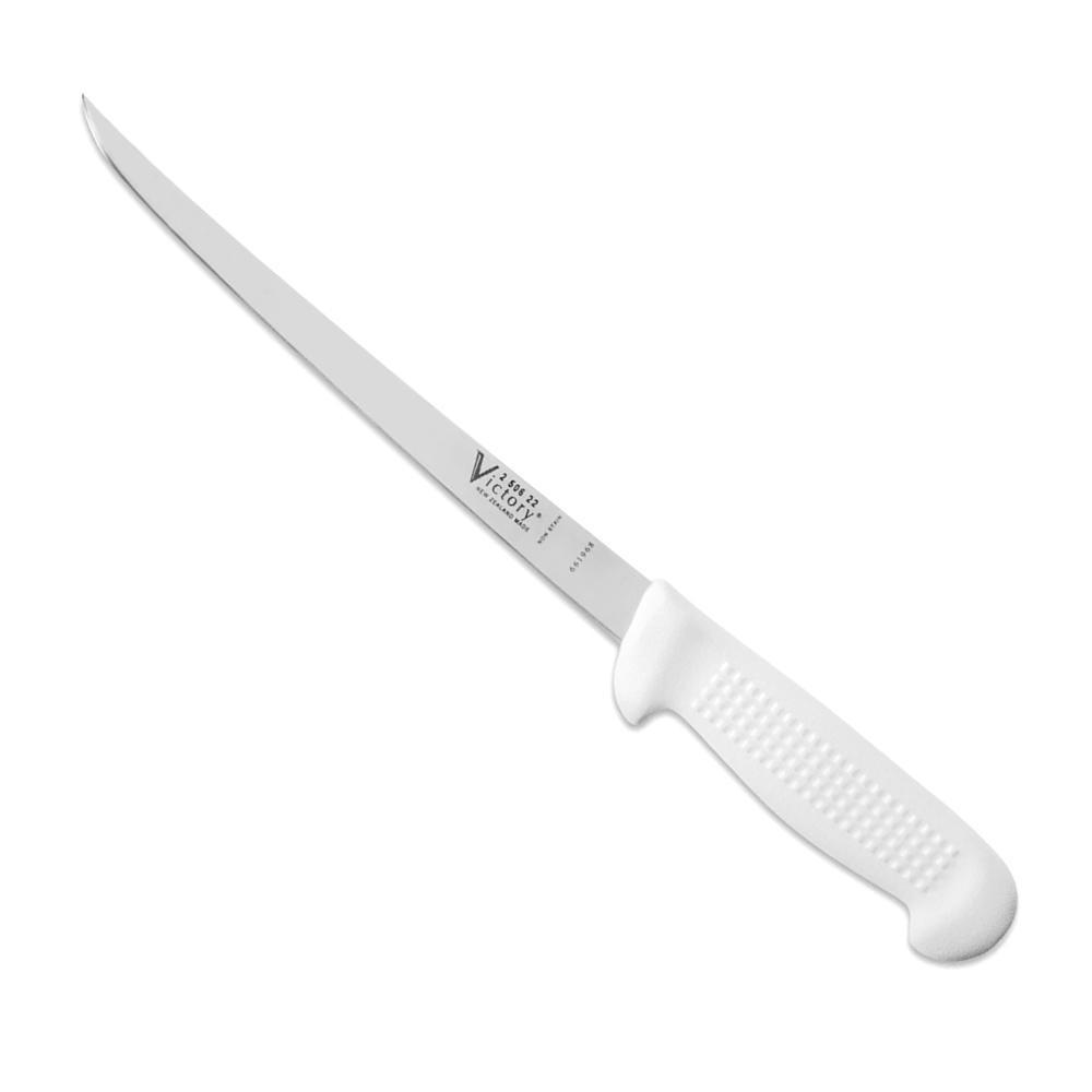 Victory Narrow Filleting Knife - 22cm, with a long, slender stainless steel blade and white textured handle.