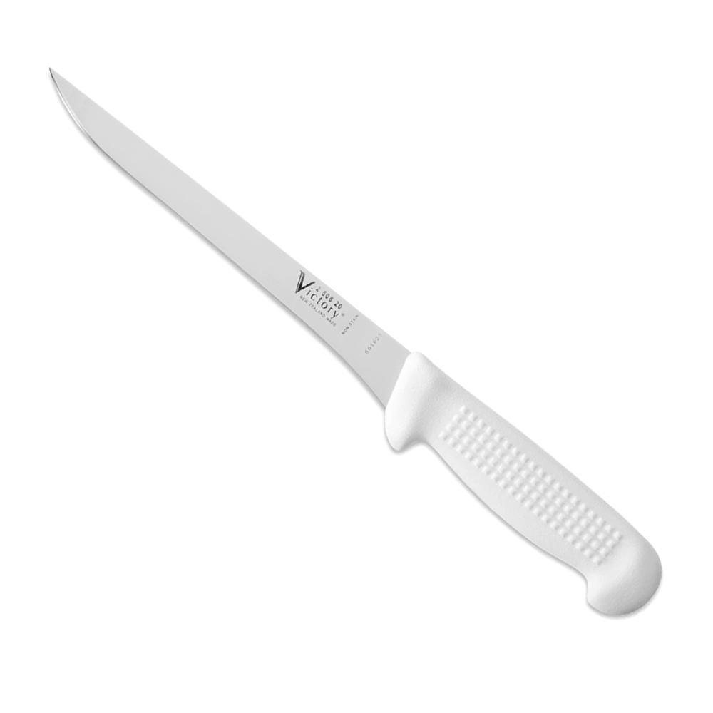 Victory Straight Filleting Knife - 20cm with a long, straight silver stainless-steel blade and textured white handle.