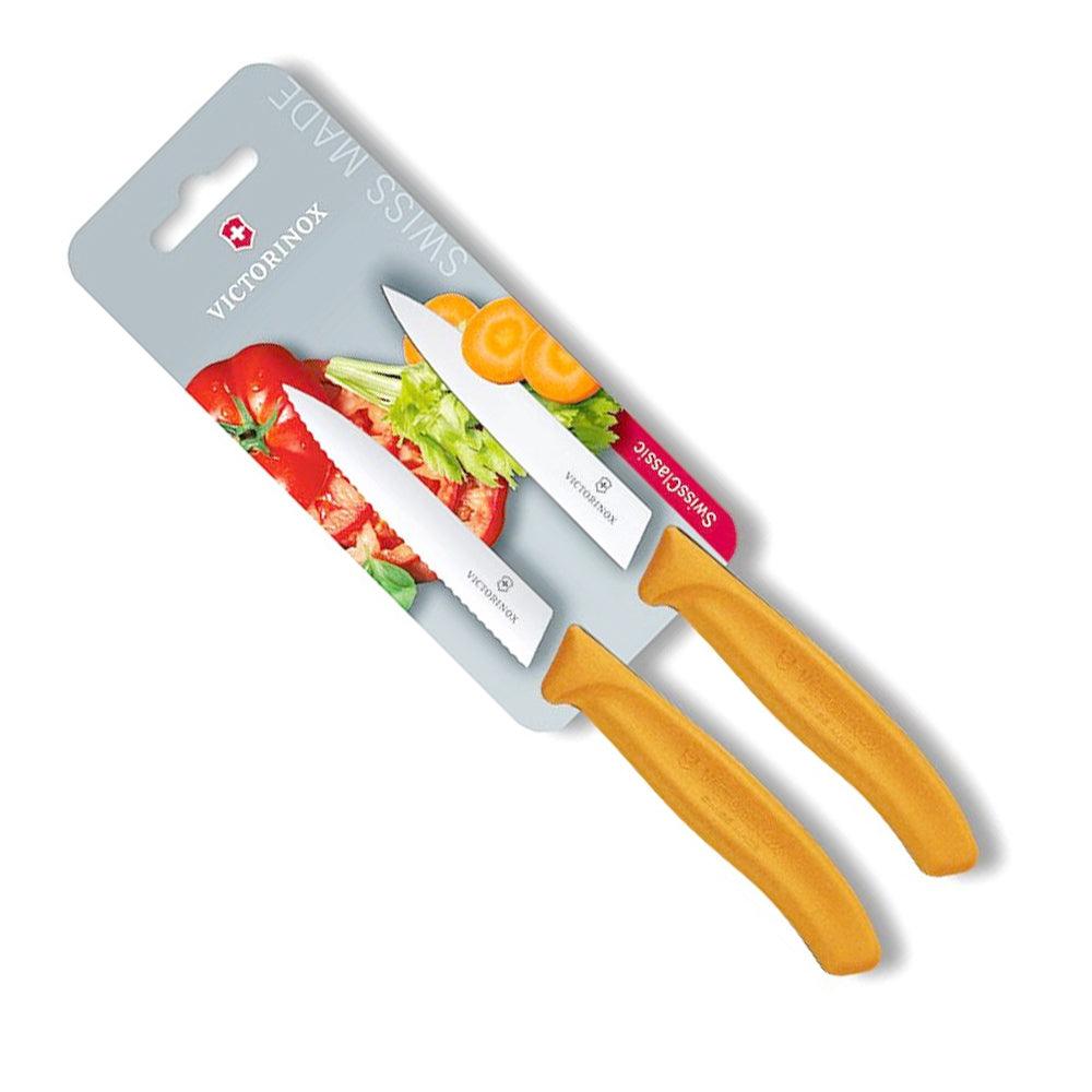 Wavy Edge Paring Knife Set - Orange with two stainless steel blades, one straight and one wavy, and orange handles